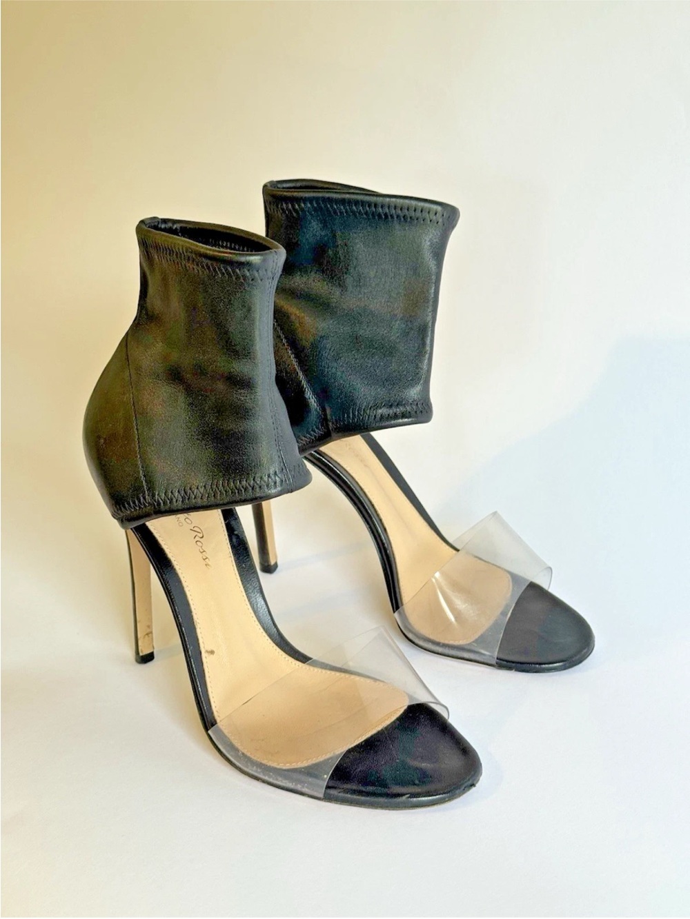 Gianvito Rossi Black Ankle-Cuff Stiletto Sandals with Clear Toe Strap